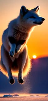 Arctic fox gracefully leaps in sunset glow, vibrant and dynamic against colorful sky.