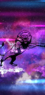 A leaping lion against a purple cosmic galaxy background.