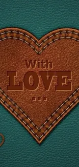 Leather heart design with 'With Love' message on teal background.