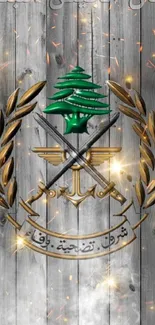 Lebanon military emblem on wood background with glowing sparks.