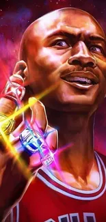 Vibrant artwork of legendary athlete with bold colors and rings.