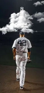 Iconic number 42 baseball legend walking on field.