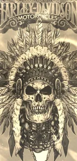 Legendary Harley-Davidson skull with feather headdress in sepia tones.