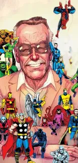 Iconic comic book creator with superheroes around him, vibrant design.