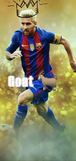 Legendary football player in action with a crown and text 'Goat'.