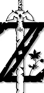 Black sword silhouette with floral design on white background.