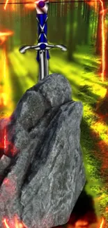 Sword in a stone amid glowing green forest.