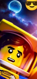 Lego astronaut in vibrant cosmic space with planets and stars.