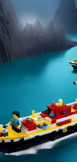 Lego boat models sailing on teal blue water with distant mountains.