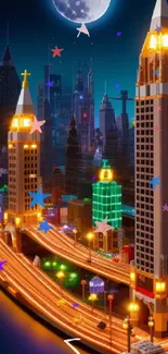 Lego city at night with glowing skyscrapers and full moon.