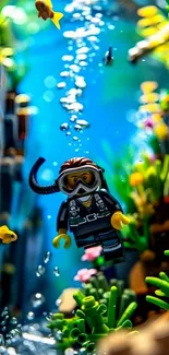 LEGO diver exploring underwater coral reef with colorful fish.