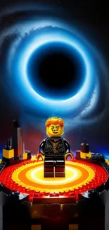 Lego figure against a cosmic vortex backdrop with radiant colors in the sky.