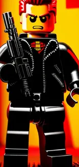 Lego figure in black jacket with orange background.