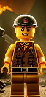 LEGO minifigure in military uniform amidst action backdrop.