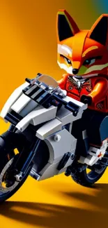 Lego fox riding a motorcycle against orange background.