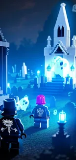 Lego characters in a spooky graveyard with a blue glow.