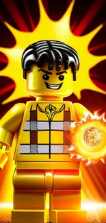 Lego hero with fiery glowing sphere and vibrant yellow backdrop.