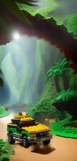 Lego jungle scene with a toy jeep and dinosaur in vibrant green forest.