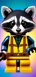 Vibrant Lego raccoon on colorful background.