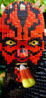 LEGO sculpture of a Sith Lord with a candy corn in mouth.