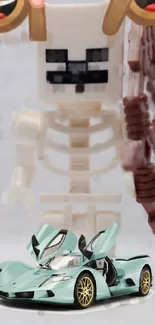 Lego skeleton holds a sword beside a teal luxury sports car.