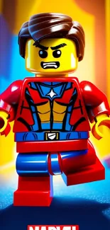 LEGO superhero in red and blue suit with dynamic background.