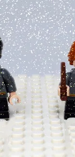 Lego characters in a snowy winter wonderland setting on a mobile wallpaper.