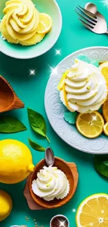 Colorful dessert and lemon wallpaper with vibrant turquoise background.