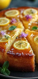 Glazed lemon cake with floral garnish and vibrant slices.