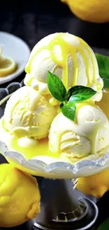 Lemon ice cream scoops with citrus garnish.