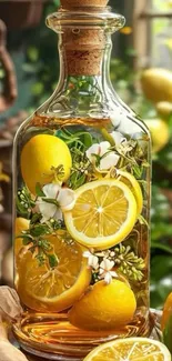 Glass bottle with lemons and flowers inside.