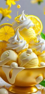 Lemon ice cream with whipped cream in a golden bowl with lemon slices.
