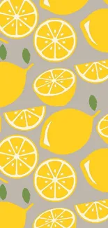 Vibrant yellow lemon pattern wallpaper with citrus slices and grey background.