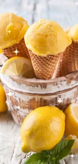 Vibrant lemons and sorbet cones on rustic table