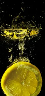 Dynamic lemon slice splash in water with vibrant yellow tones.