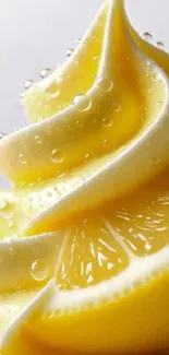Close-up of lemon swirl with droplets in vibrant yellow tones.