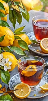 Lemon tea in glass cups with fresh lemons and flowers.