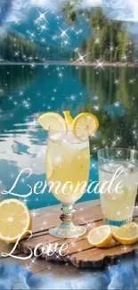 Lemonade Love wallpaper with a lake background and blue border.