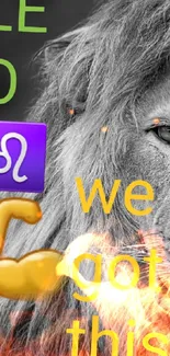 Lion with Leo symbol and motivational text in grayscale.