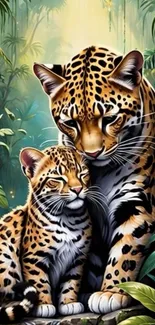 Illustrated leopard and cub in jungle setting with vibrant greenery.