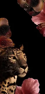 Leopard with floral accents on a dark background.