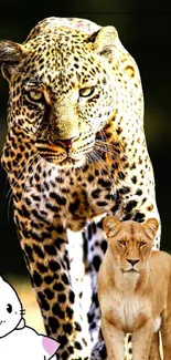 Mobile wallpaper with leopard, lioness, and cartoon.