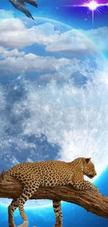 Fantasy leopard on branch with blue moon and night sky.