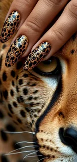 Close-up of leopard and artistic nails.