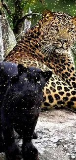 Wildlife wallpaper with leopard and panther on rocks.