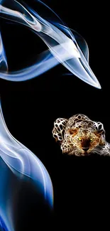 Leopard head with glowing smoke art on black background.