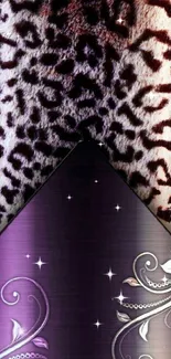 Elegant mobile wallpaper with leopard print and violet floral accents.