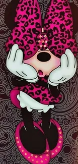 Cartoon character with a leopard print bow on a decorative background.