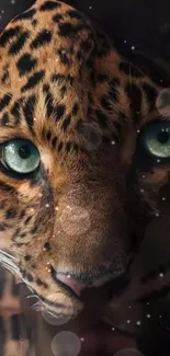 Close-up of a leopard's face with green eyes.