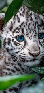 Leopard cub with blue eyes in jungle foliage.